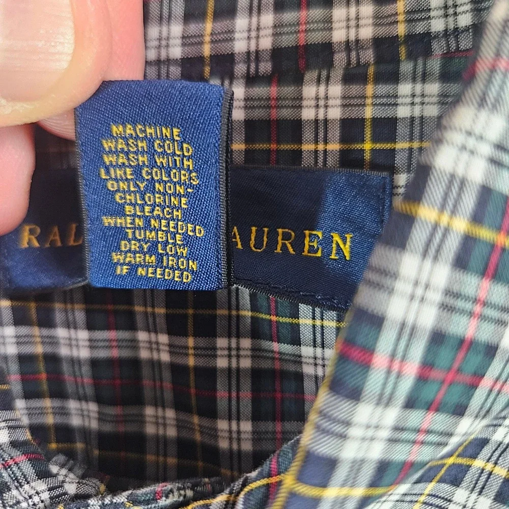 Ralph Lauren Boys Large 14-16 Plaid Button‎ Down Shirt Navy Green Cotton Pony